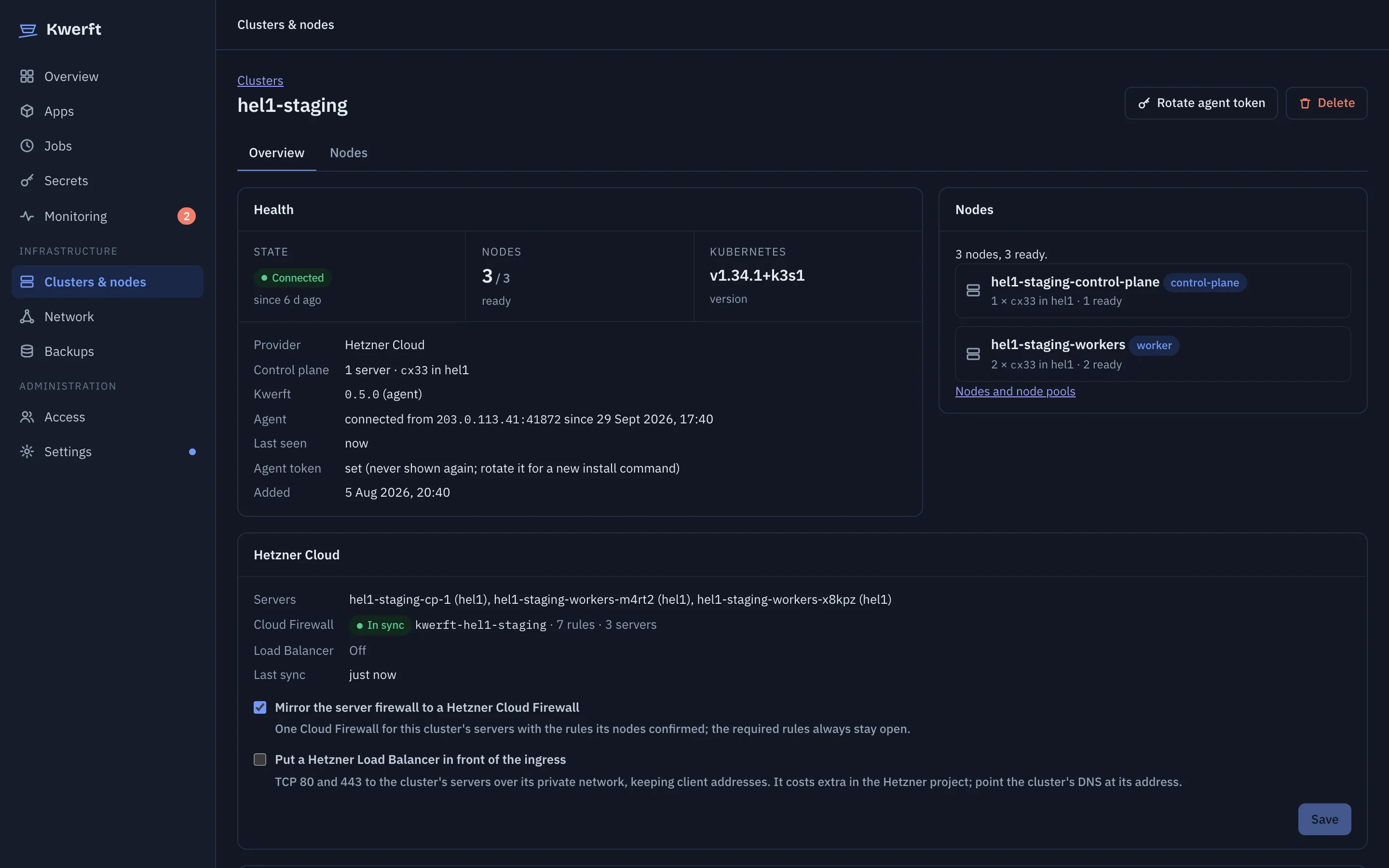 A remote cluster connected through its agent, with node pools and DNS records