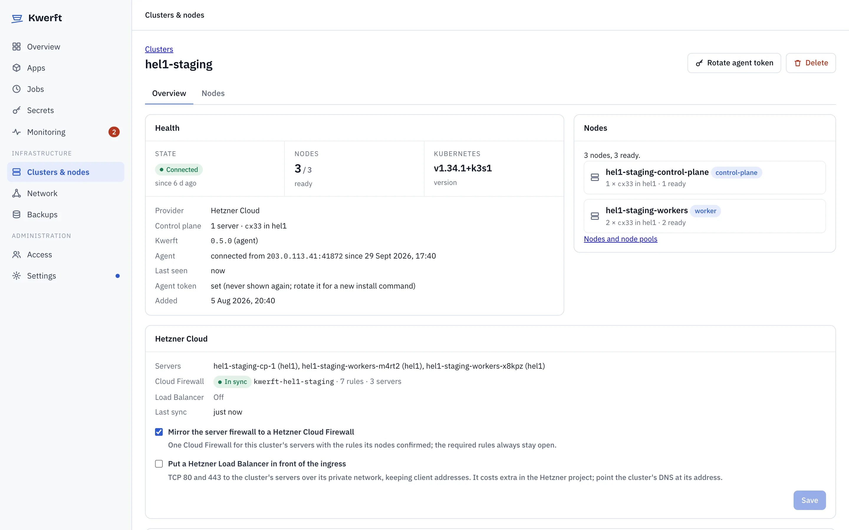 A remote cluster connected through its agent, with node pools and DNS records
