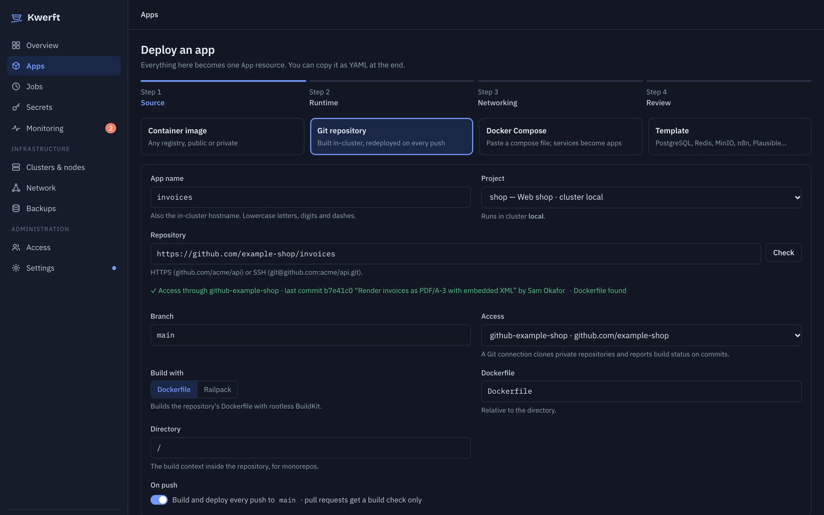 The Deploy an app form with a Git repository selected