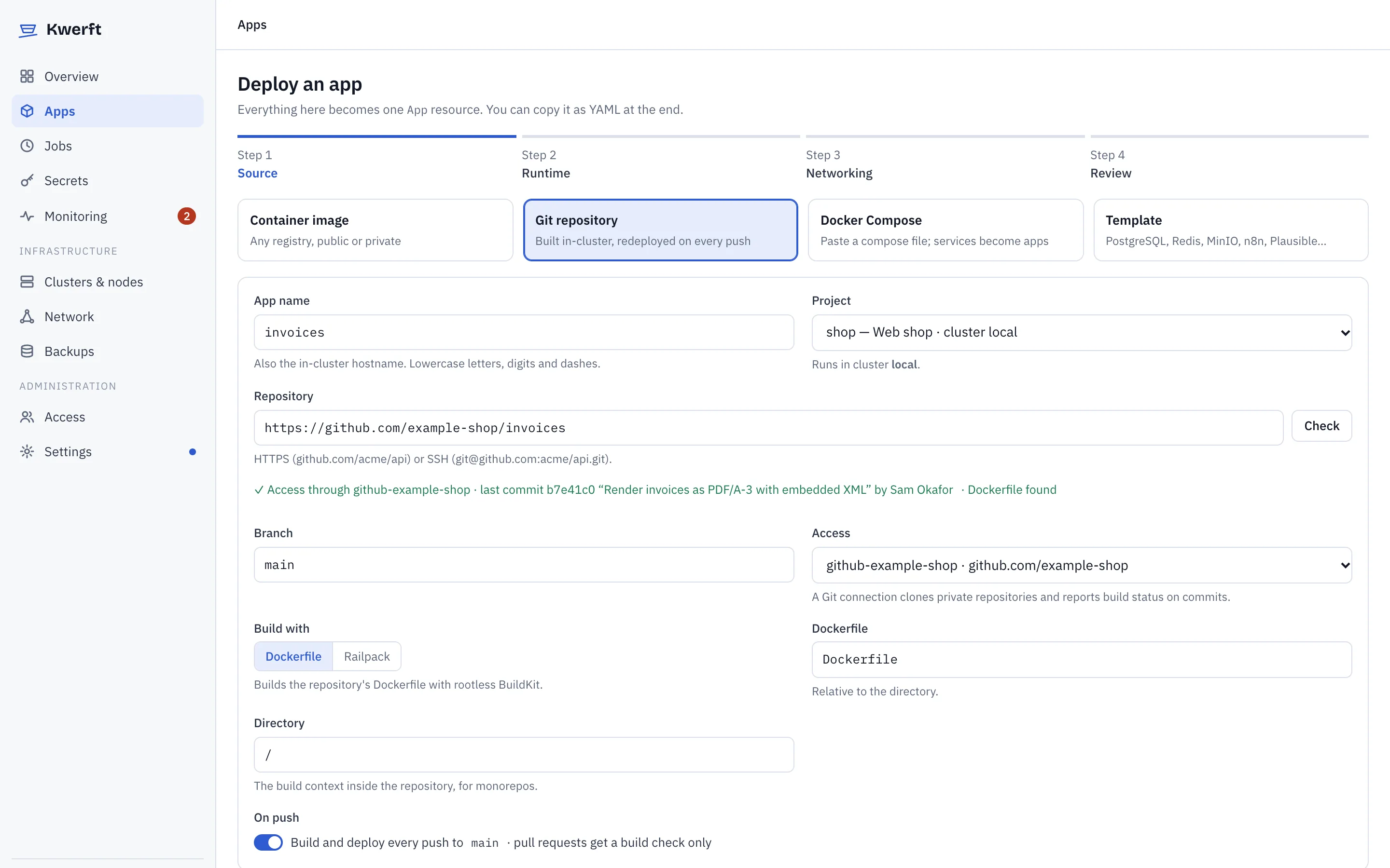 The Deploy an app form with a Git repository selected