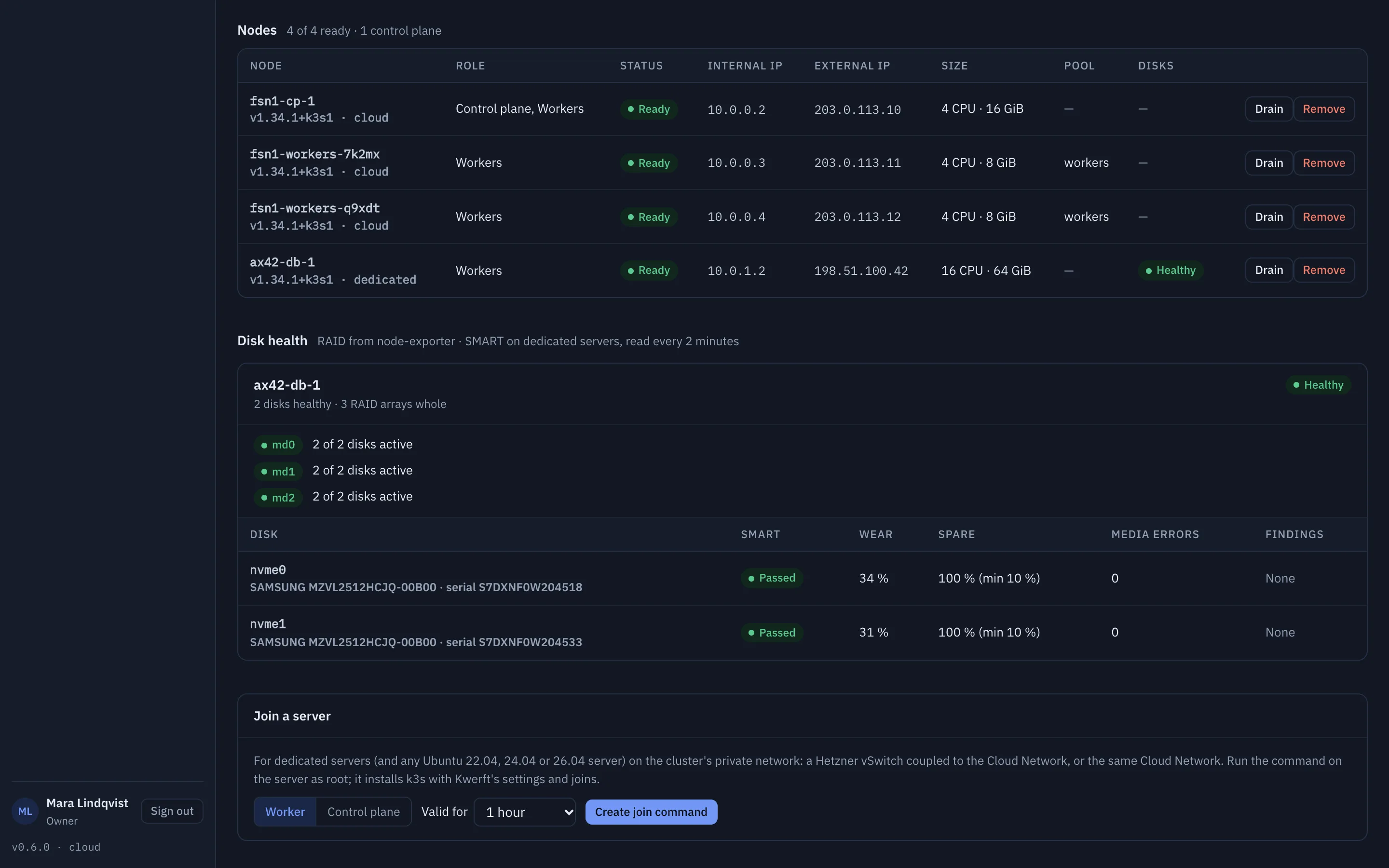 Disk health of a dedicated server: three RAID1 arrays whole and two NVMe drives with SMART passed and their wear