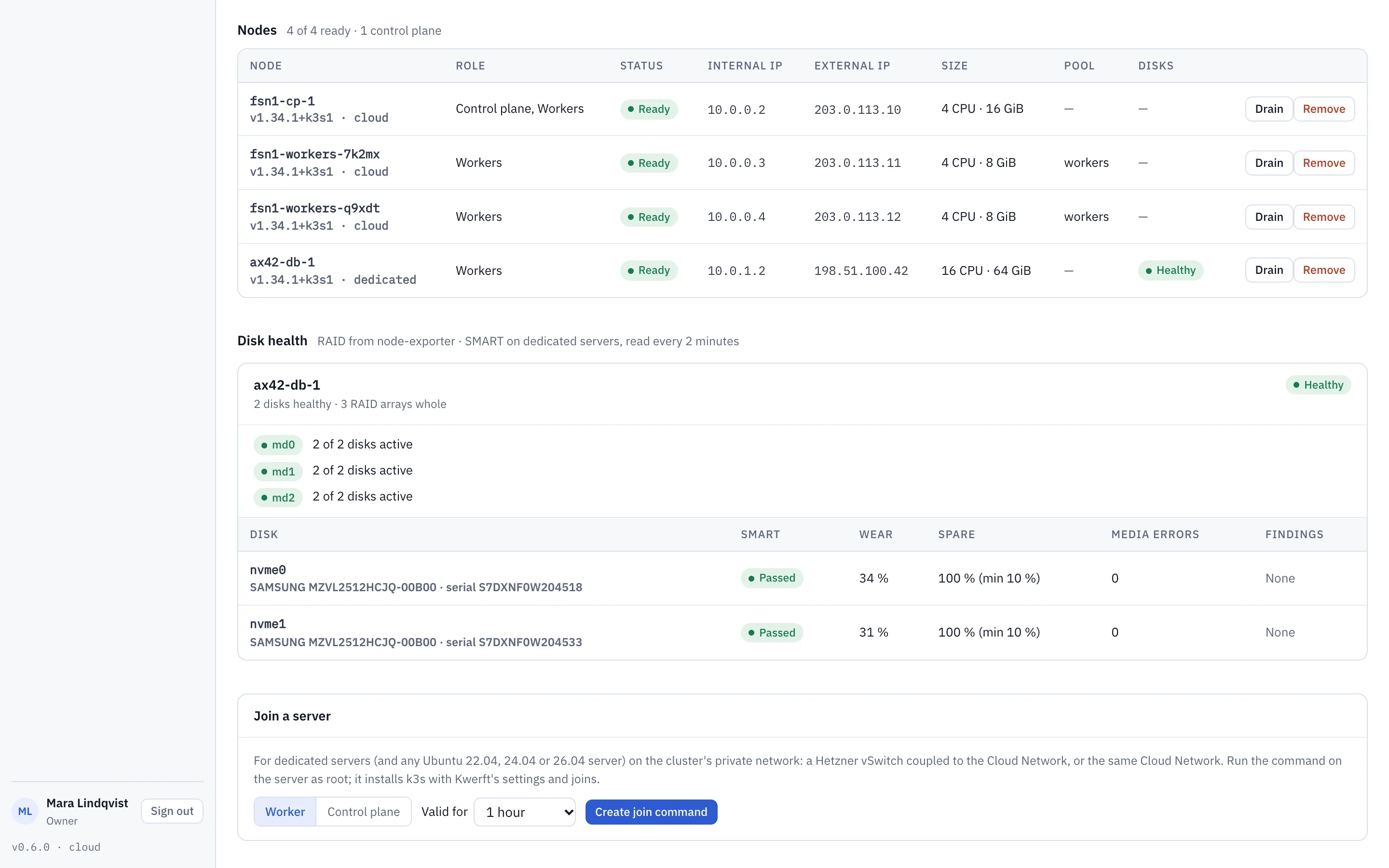 Disk health of a dedicated server: three RAID1 arrays whole and two NVMe drives with SMART passed and their wear