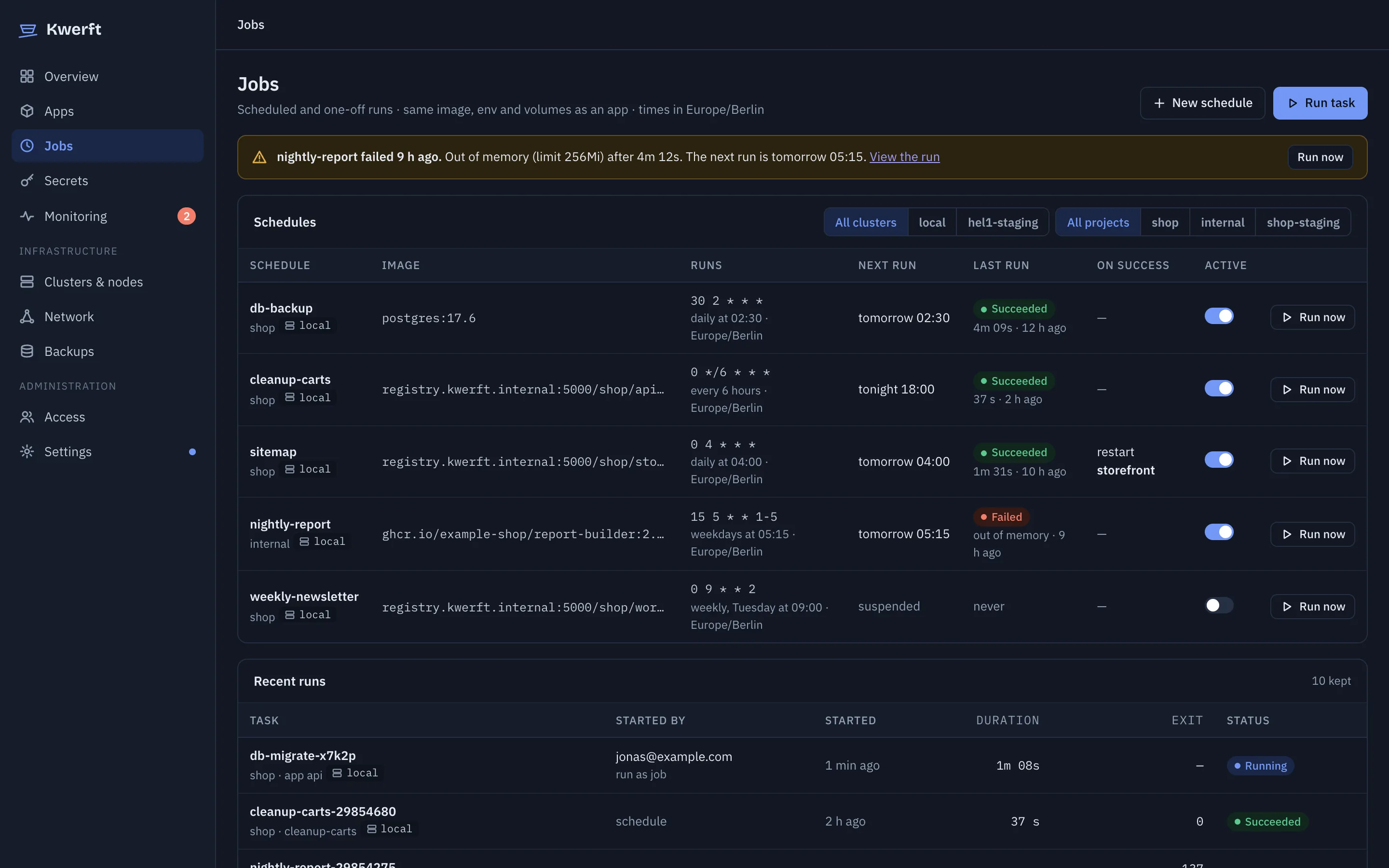 Scheduled jobs and recent runs, with a nightly report stopped for running out of memory