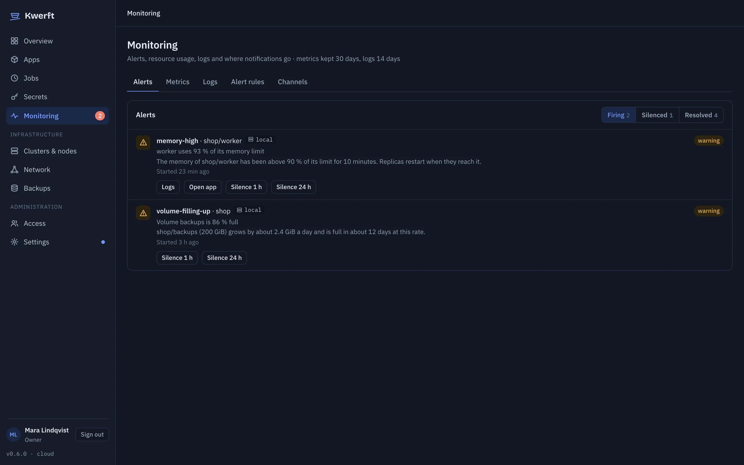 Two firing alerts with links to logs, the app and a silence button