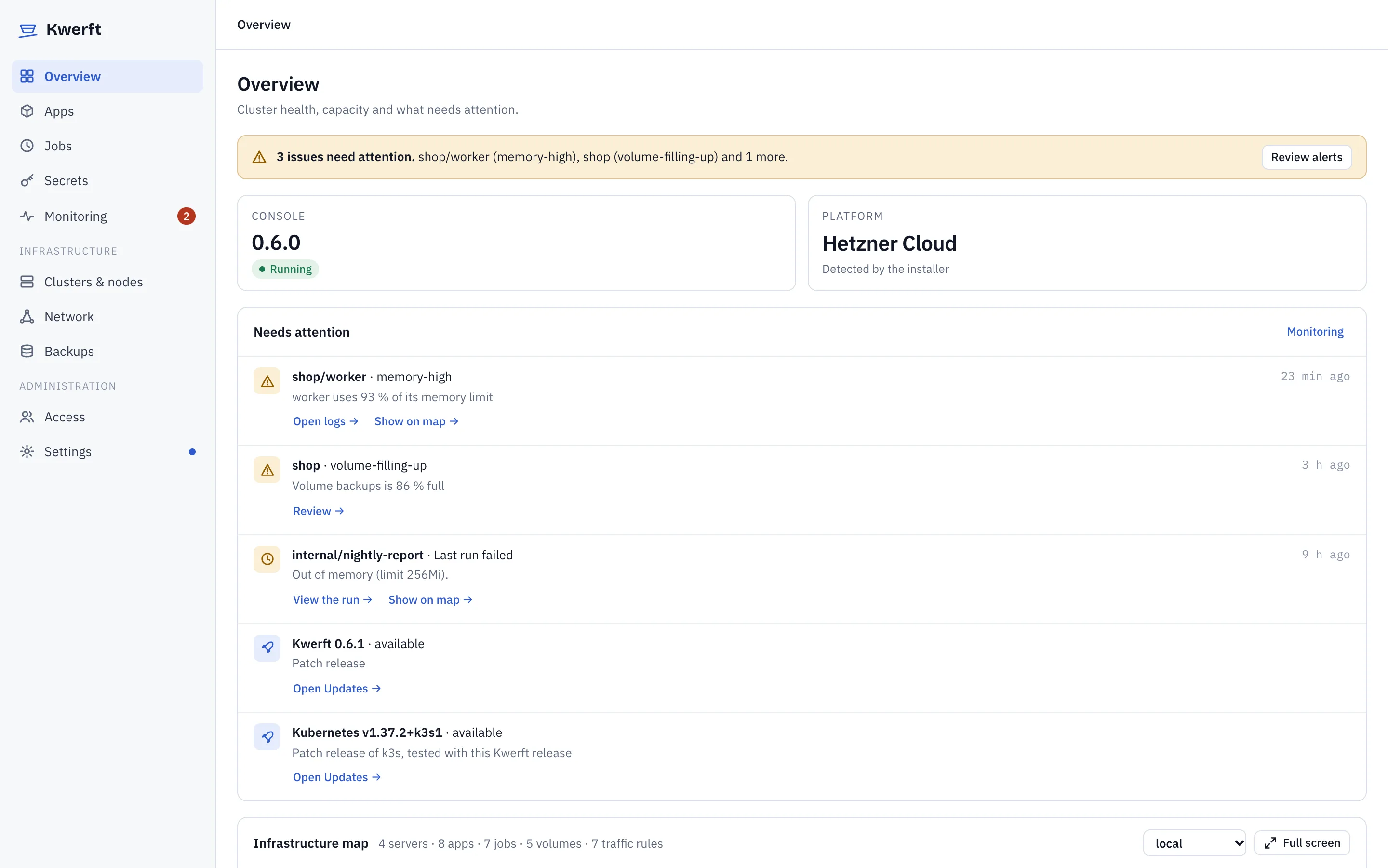 Cluster overview with alerts, a job that ran out of memory, available updates and the infrastructure map