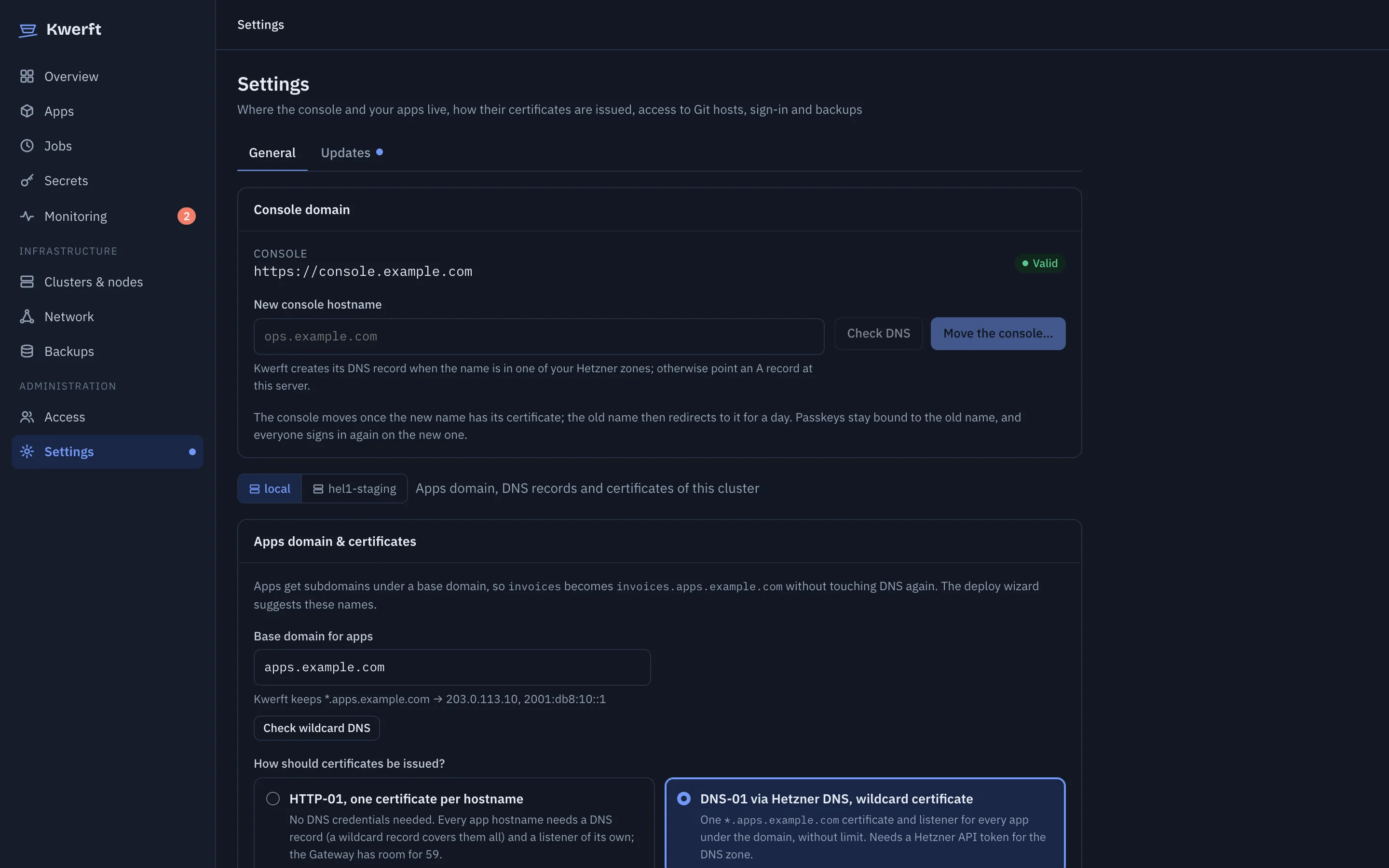 Settings with the console domain, apps domain and certificate options