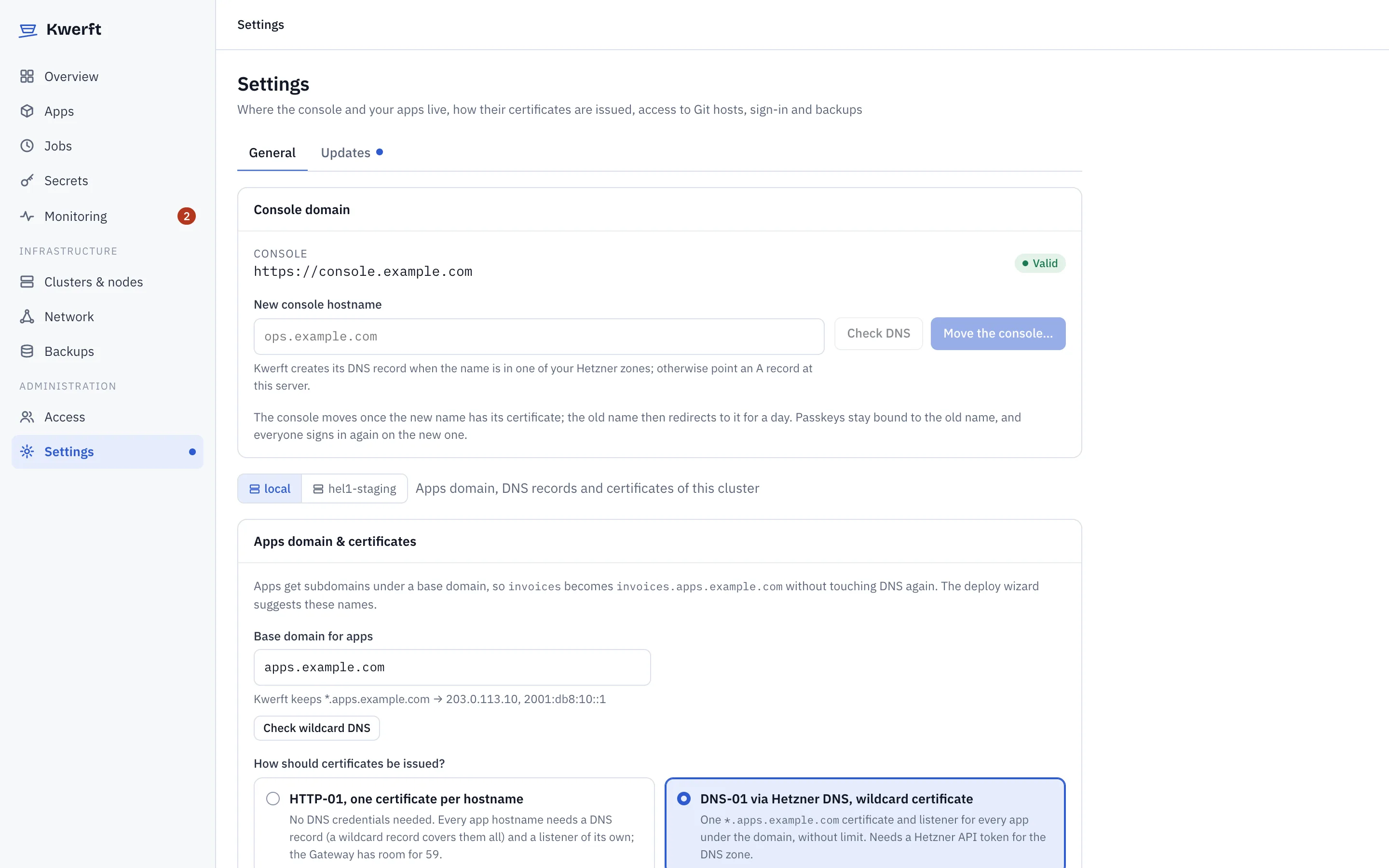 Settings with the console domain, apps domain and certificate options