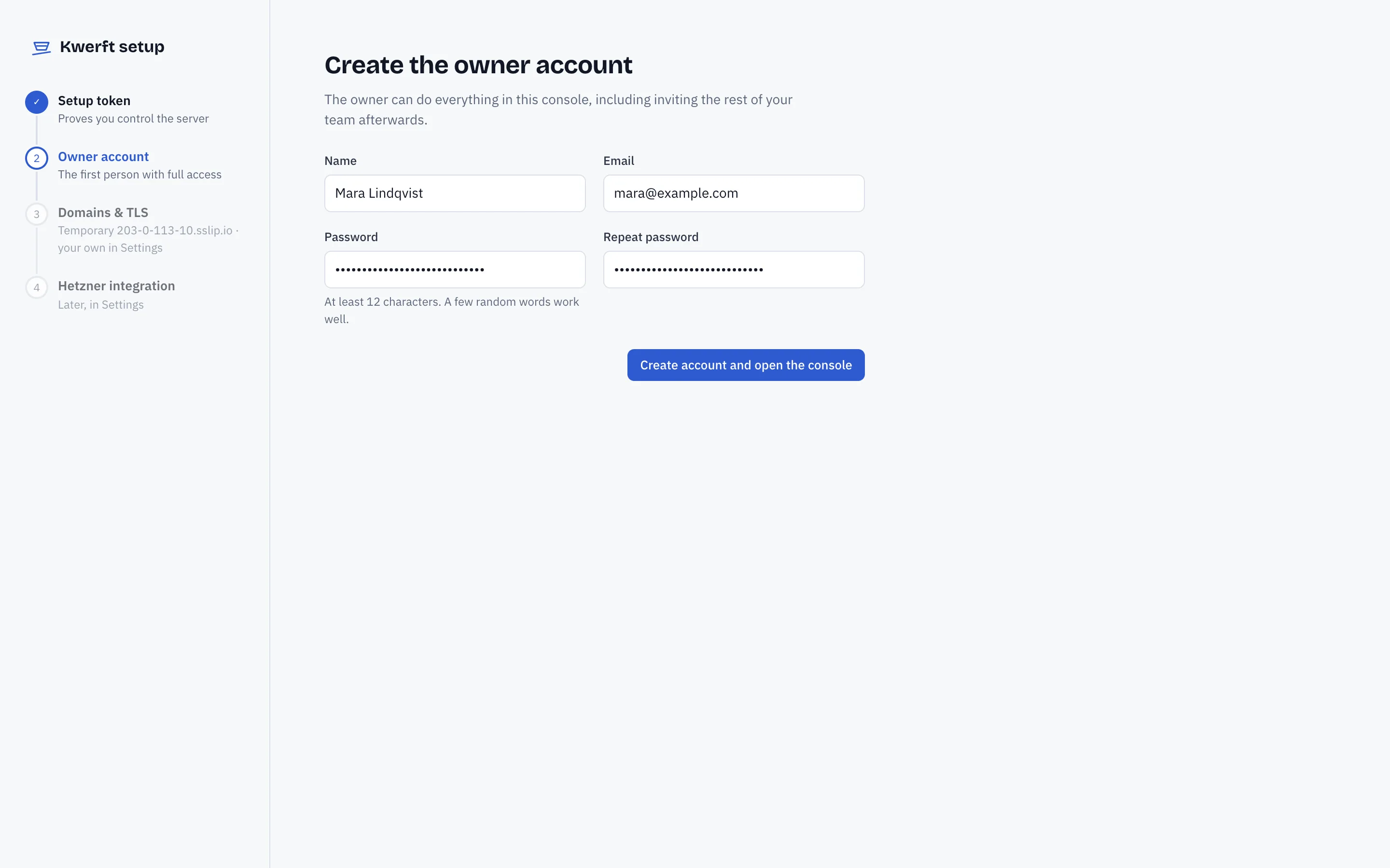 The setup wizard asking for the setup token
