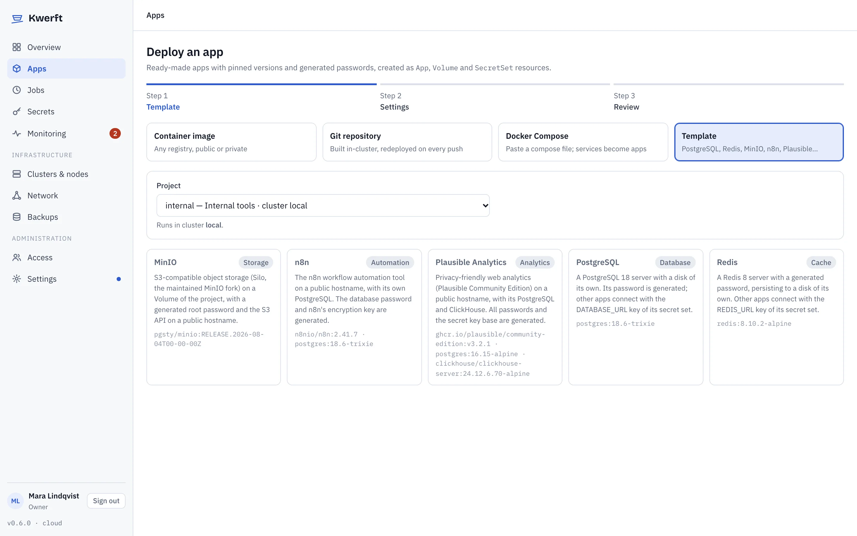 The template catalog: MinIO, n8n, Plausible Analytics, PostgreSQL and Redis